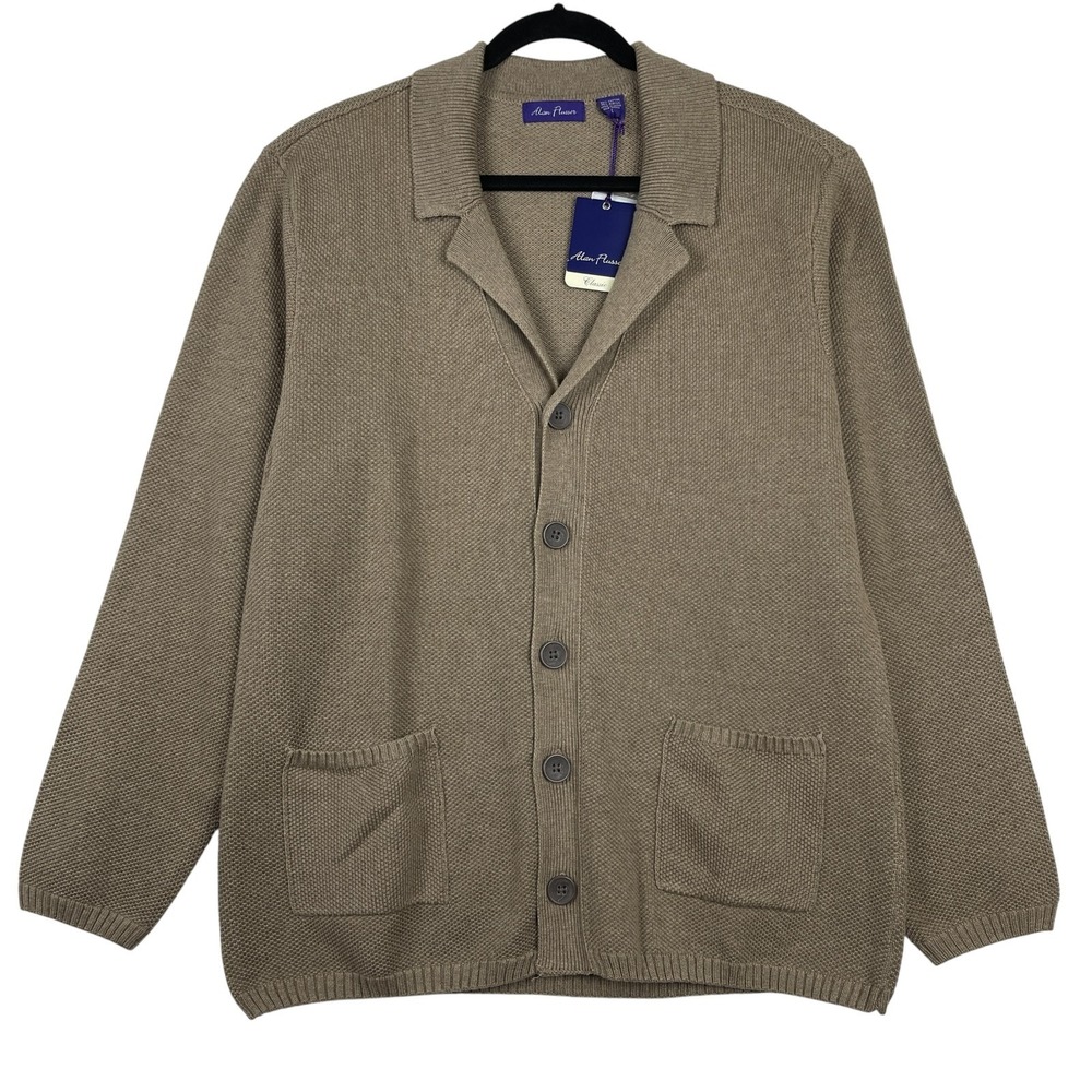 Alan Flusser Men's Cardigan Sweater Large Khaki Knit Button Front Pockets NWT